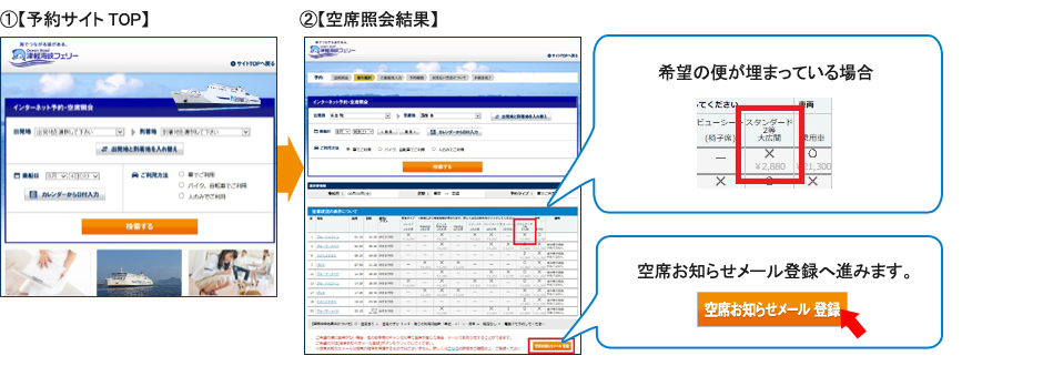 ①【予約サイトTOP】②【空席照会結果】